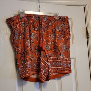 J. Jill Vibrant Orange Floral Shorts Elastic Waist Shorts W/pockets.